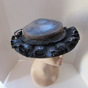 1940 Era Vintage Hat Black Boater Style Cello Ruffles